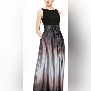 NWT SLNY Black Ombré Satin Gown w/‎ Bow Sash & Tulle Lining Size 12